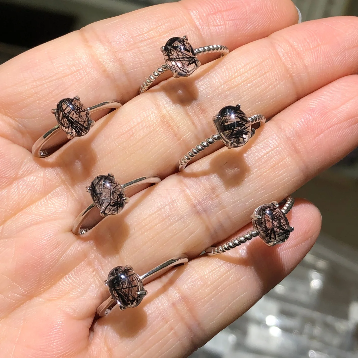 1 Pc Fengbaowu Natural Stone Black Rutilated Quartz Ring 6x8MM Oval Cabochon 925 Sterling Silver Jewelry Gift For Women Men