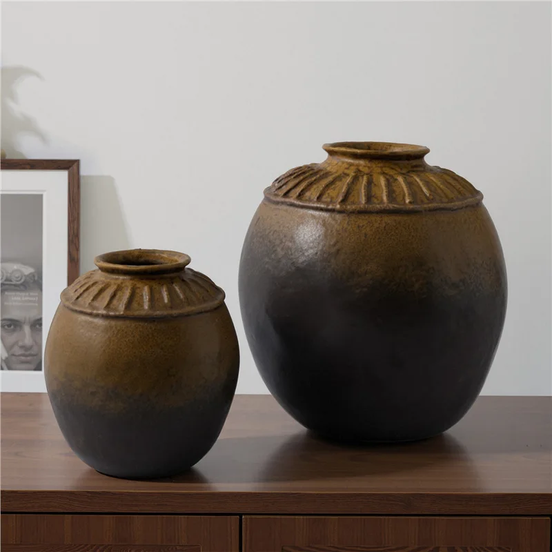 New Chinese retro ceramic vase home decoration ornament round simple flower ware living room study desktop decoration