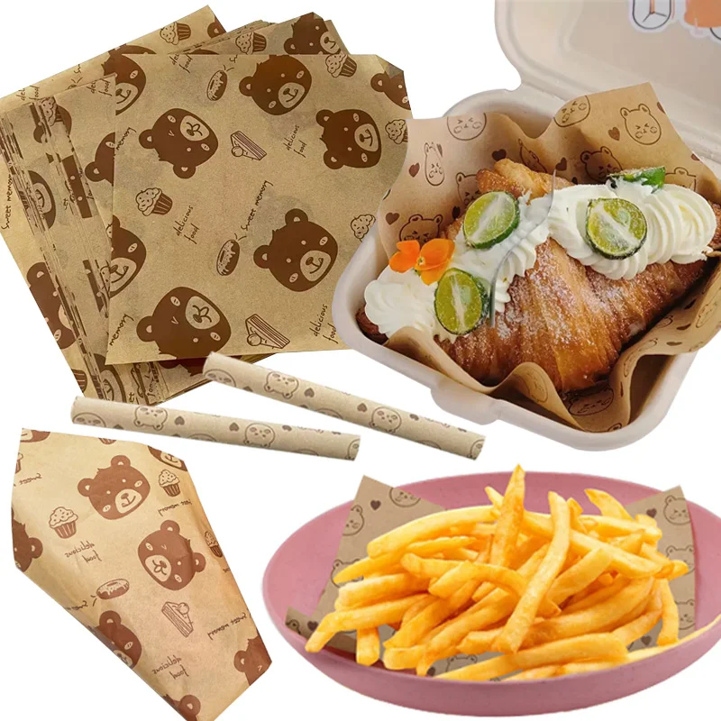 100Pcs/200Pcs Bear/Large Bear Paper Liners, Oil-Proof Baking Sandwich Wax Paper, Suitable for Deli Shops, Sandwich Packaging, Pizza, Burgers and Bread