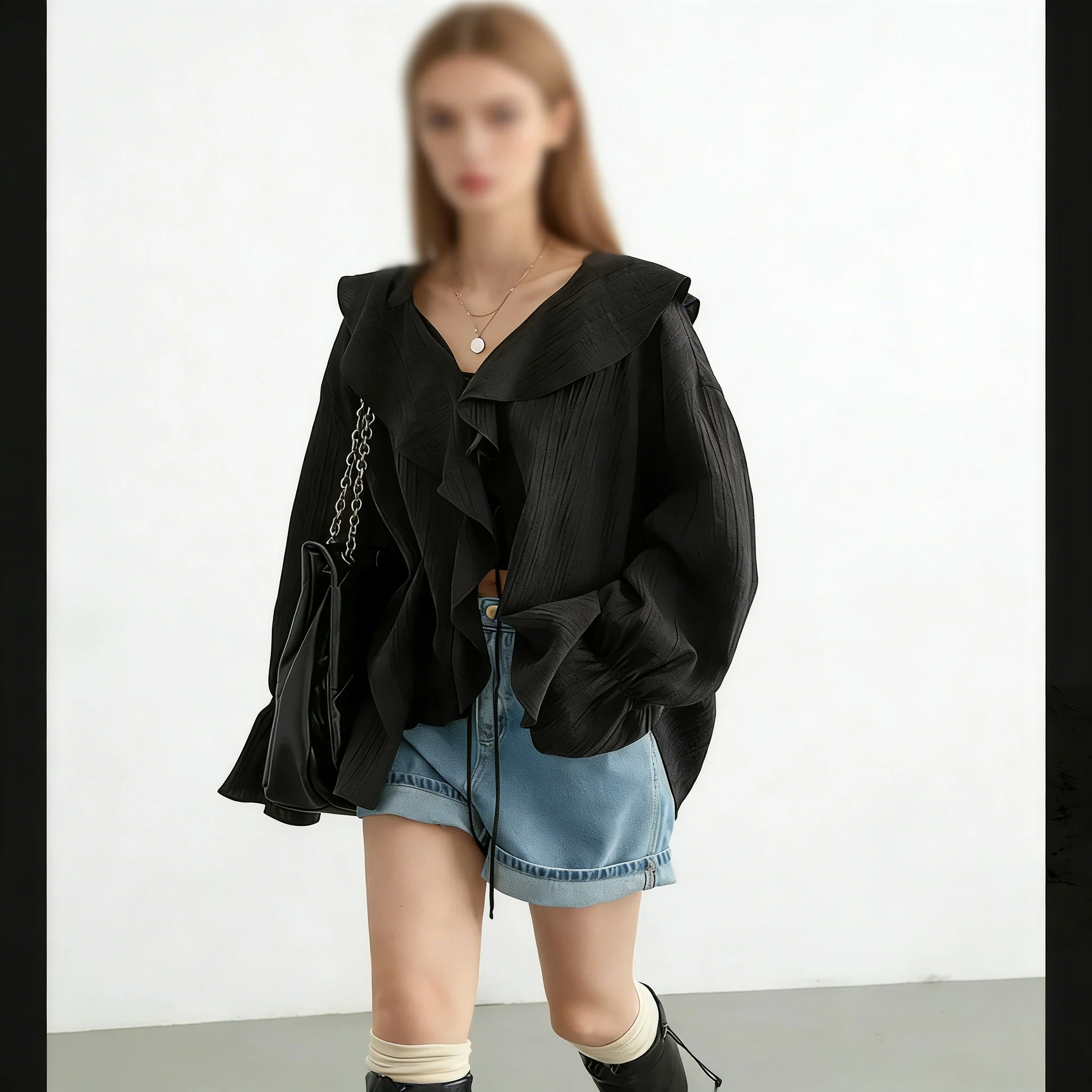 Zagros 여성용 루즈하고 캐주얼한 러플 셔츠, 여성용 브이넥 중간 길이 타이 셔츠, 봄 여름 여성용 셔츠