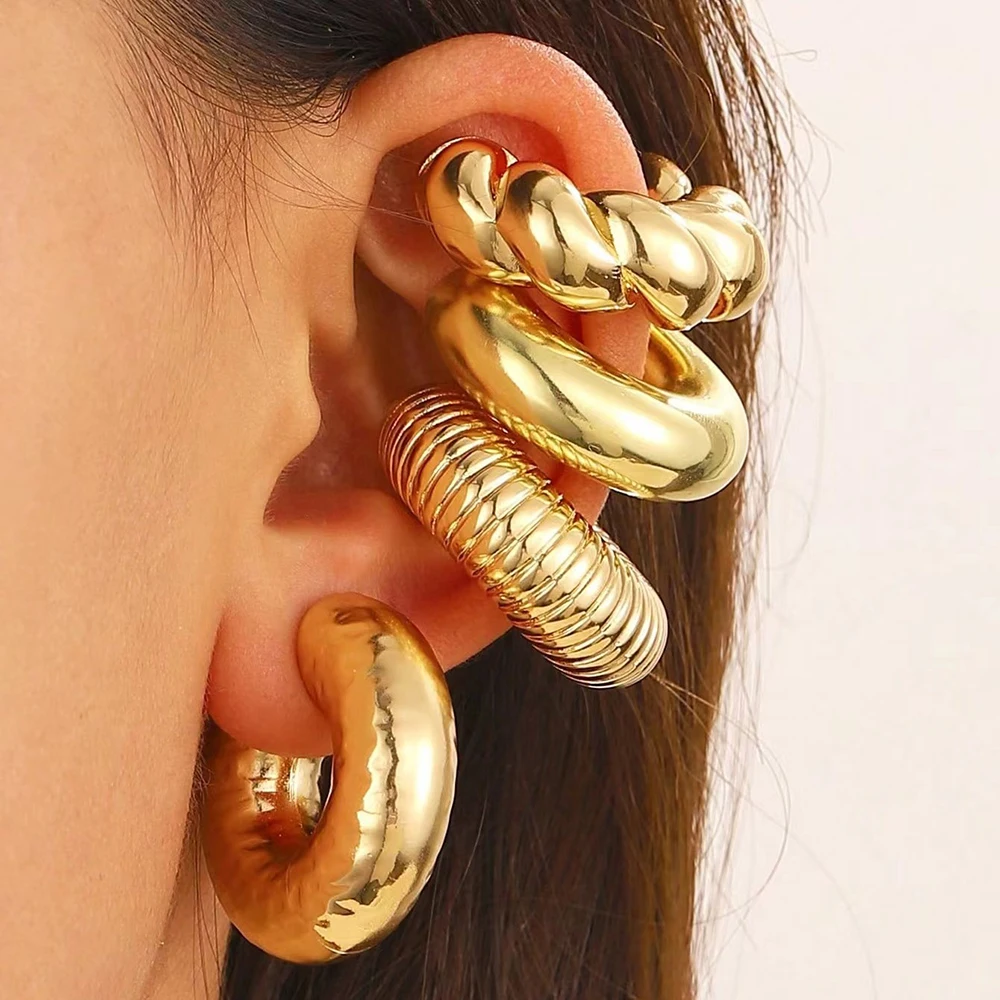 4Pc/set Vintage Geometric Clip Earring Women Trendy Glossy C Shape No Piercing Fake Cartilage Ear Cuff Jewelry Accessories