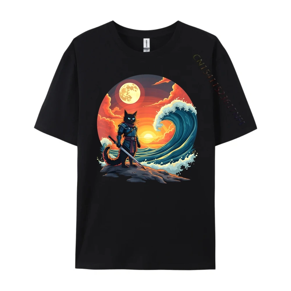 

Japanese Retro Bushi Cat The Famed Great Wave By Hokusai Cotton Graphic Tees Men Clothes Printed T-Shirt