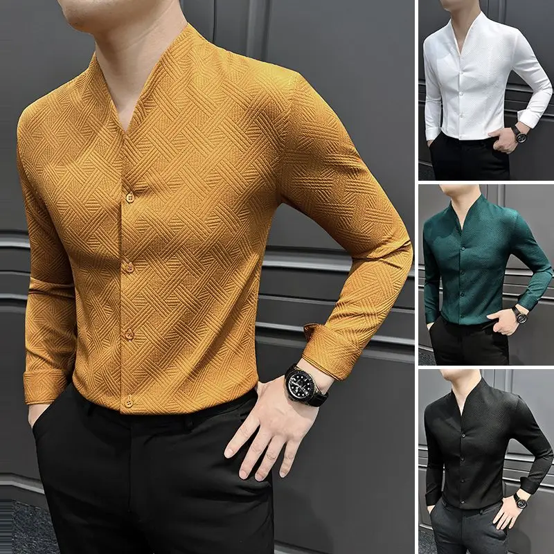 Men's Woven Plaid V-Neck Long Sleeve Shirt 2026 Autumn New Collection Stylish Collarless Casual Premium Top