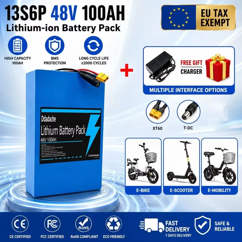 Batterie au lithium 100 % neuve et originale 48V 100000mAh 13S6P 2000W pour trottinette électrique Citycoco et batterie de drone de grande taille, avec BMS intelligent intégré 50A + chargeur 54.6V2A