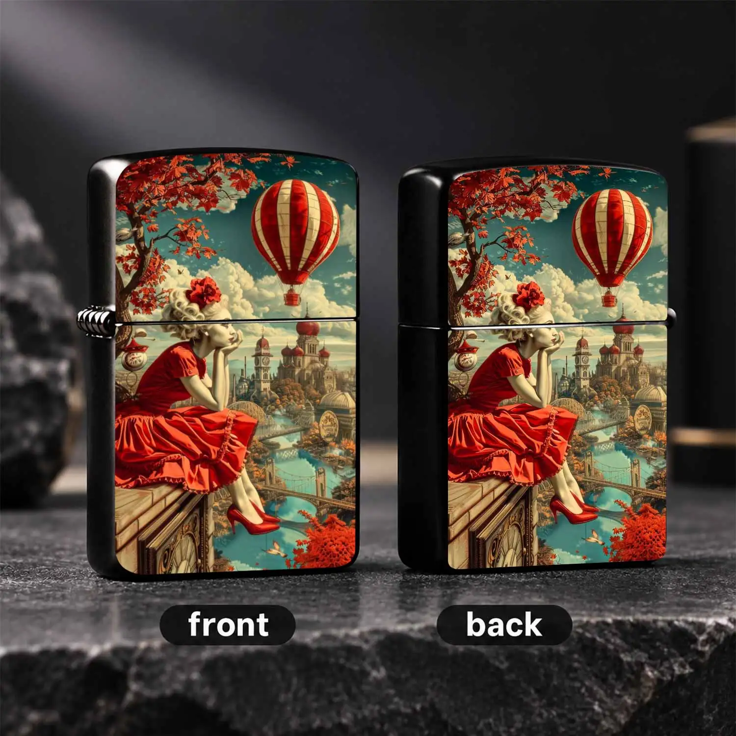 Vintage Steampunk Red Dress Girl Hot Air Balloon Lighter, Artistic Retro Scenic Pattern, Portable Stylish Accessory For Daily Use, Outdoor Trips, Gifting On All Occasions, Exquisite Unique Decorative Practical Item A Humorous And Interestin