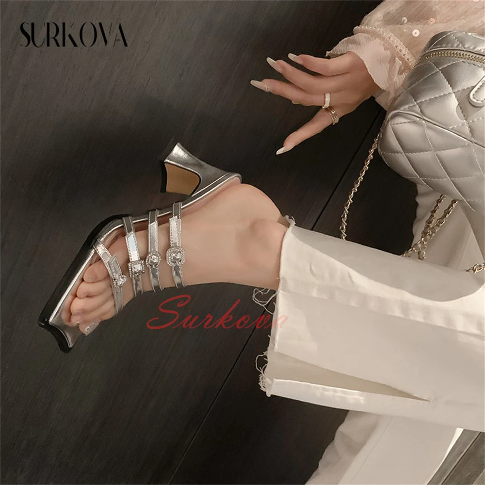 Narrow Belt Combination Hollow Crystal Buckle Sandals Square Open Toe Block Heel Sandals Slippers Summer New Arrival High Heels