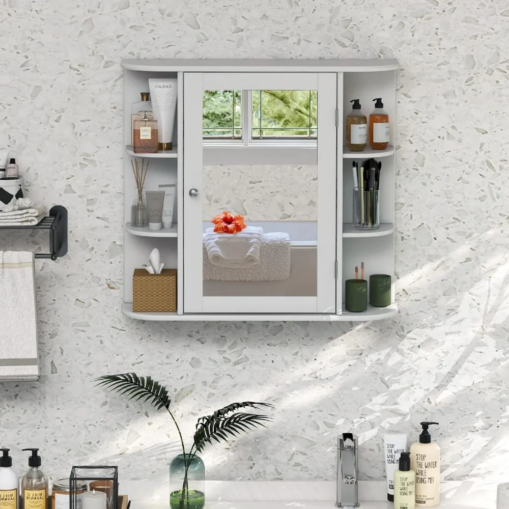 Mirrored Bathroom Medicine Cabinet - Wall Mounted Bathroom Hanging Cabinet with Single Door, 3 Adjustable Shelves