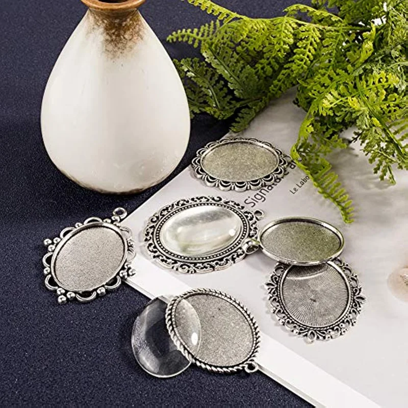 6pcs 6 Shapes Tibetan Pendant Trays Bezel Settings Trays and 6pcs 40x30mm Glass Cabochons Clear Dome for DIY Jewelry Making