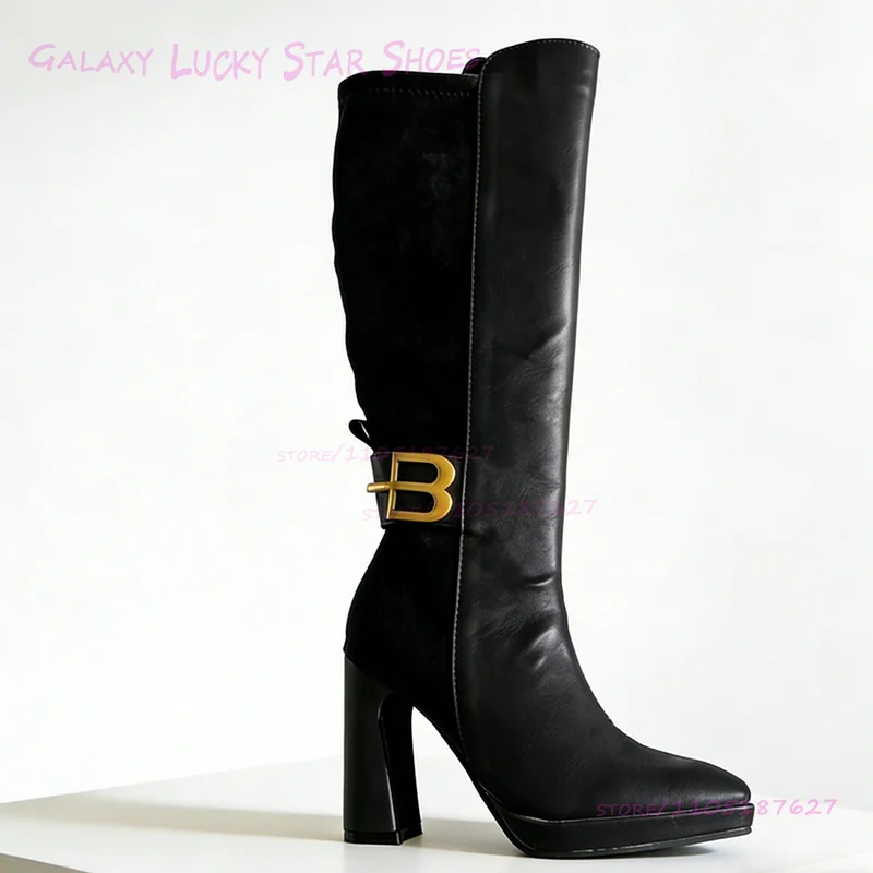 البني الجلد المدبوغ معدن إلكتروني مشبك التمهيد سترتش النساء المرقعة الأسود الركبة الجوارب حذاء بكعب سميك الفتيات الكاحل حزام التفاف الأحذية