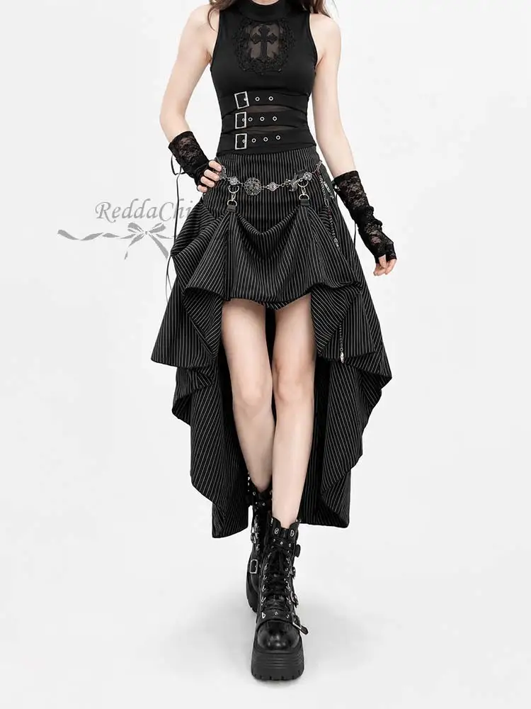 REDDACHiC Gothic Cross Tank Top Bustle Skirt Women Set Punk Lace Hollow Mock Neck Top Hi-Lo Skirt Party Music Festival Outfits view 2