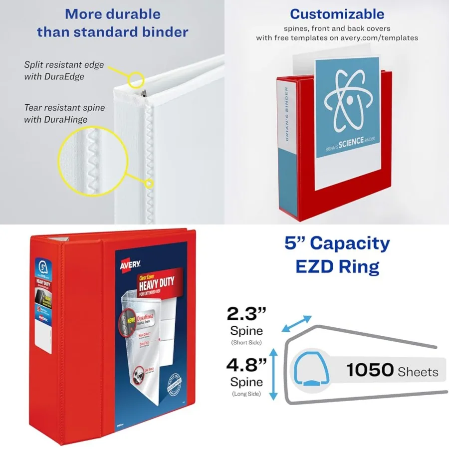 

Heavy-Duty View 3 Ring Binder, 5 Inch EZD Rings, Great for Portfolios, Office, School Notebooks, and More, 1 Red Binder