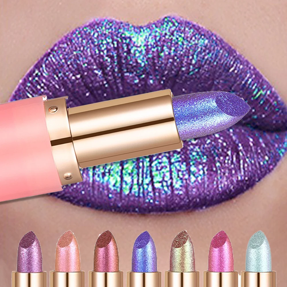 Lápiz labial camaleón violeta metálico que cambia de Color, lápiz labial mate con brillo de diamante, brillo de labios resistente al agua, maquillaje Sexy