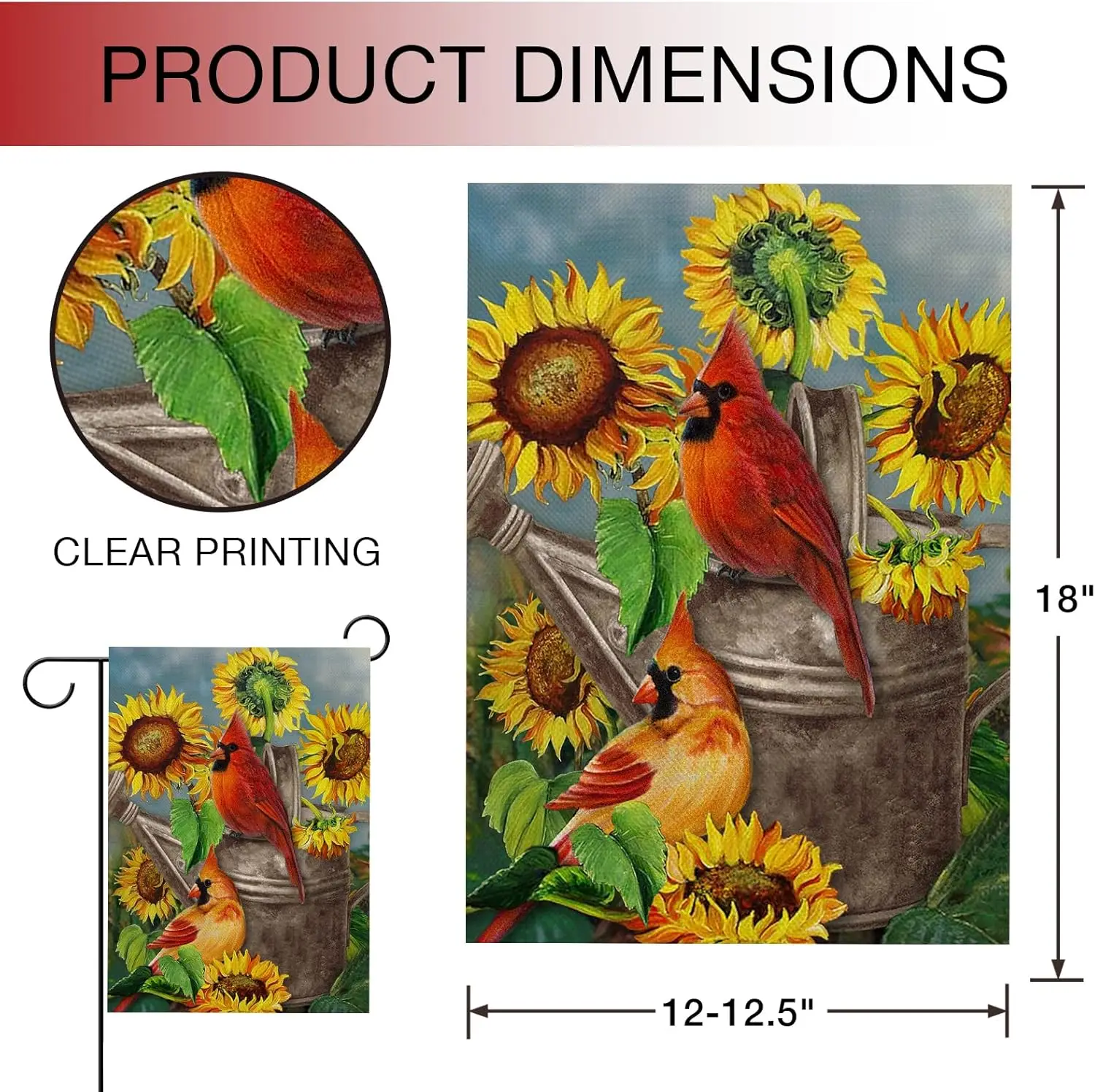 Fall Sunflower Cardinal Garden Flag Double Sided, Autmun Watercolor Flower Red Bird Decorative House Yard Outdoor Small Burlap F