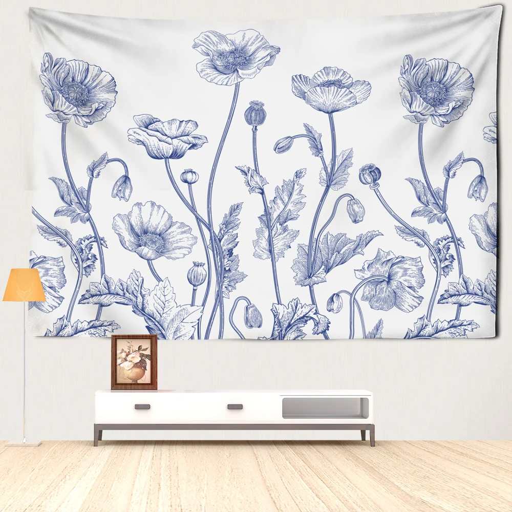 Blue Simple Brush Flowers Tapestry Wall Hanging Natural And Minimalist Art Bohemian Hippie Bedroom Living Room Home Decor