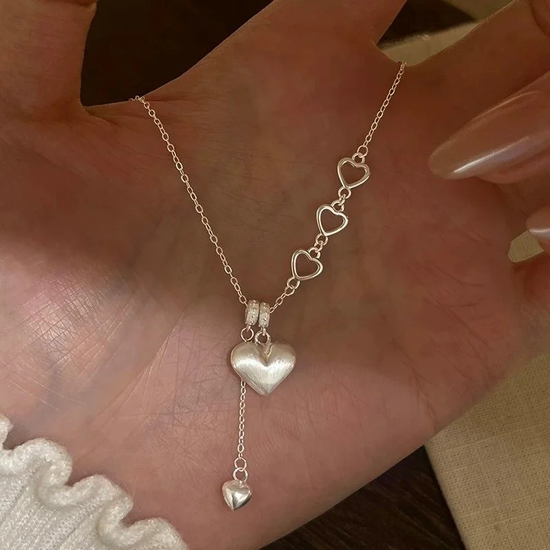 OUYADI 999 Sterling Silver Hollow Heart Tassel Necklace, Women Romantic Matte Heart Pendant Silver Neck Jewelry Gift