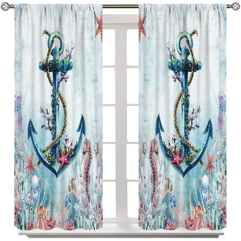 Nautical Coral Beach Theme Blackout Curtains, 2 Panels, 84 x 84 for Window or Bedroom Kitchen