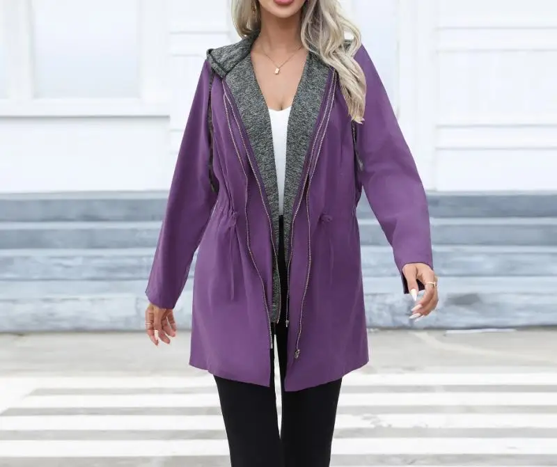 Elegant Women's Windbreaker Casual Lace Up Waist Cinching Double Zipper Splicing Jacket Medium Long Sleeved Hooded Windbreaker