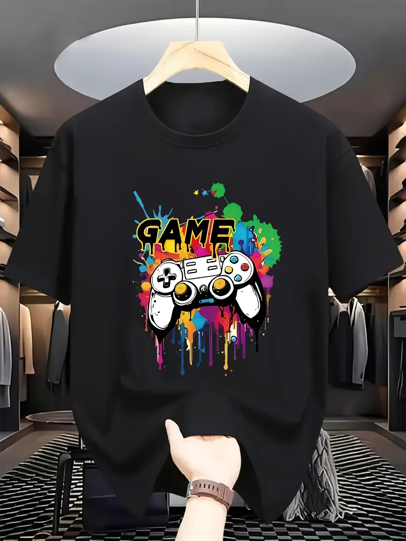Colorful Game Controller and Paint Splatter Design for Children Casual Summer T-shirt Fashionable Summer Parent-child Outfit