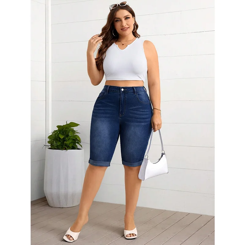 Benuynffy Plus Size Vintage Mid Waisted Rolled Hem Pencil Jeans Women Summer Washed Blue Stretch Denim Half Pants Streetwear view 6