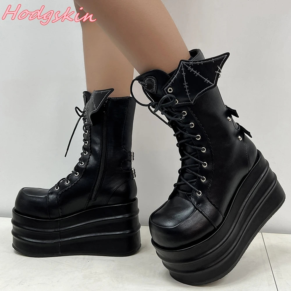 

Retro Mixed Color Boots Round Toe Lace Up Thick Sole Height Increasing Mid Calf Boots Spice Girl Punk Metal Decoration Boots