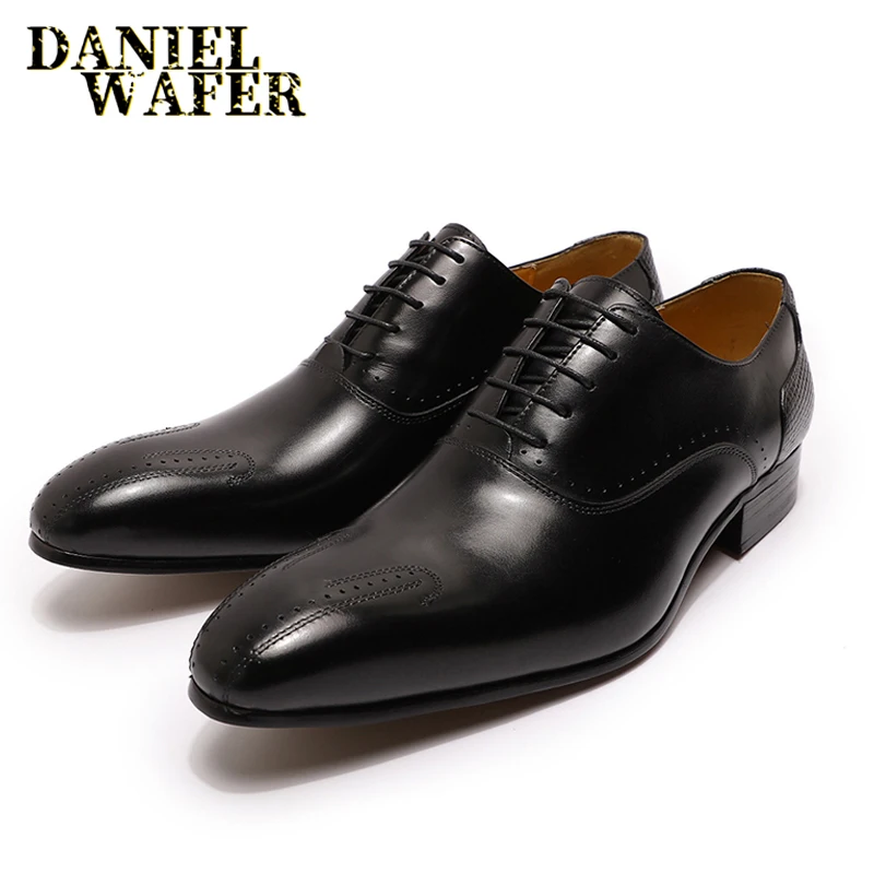 Winter Luxury Men Genuine Leather Shoes Lace Up Wedding Office Business Pointed Toe Formal Men\'s Dress Oxford Shoes for Men