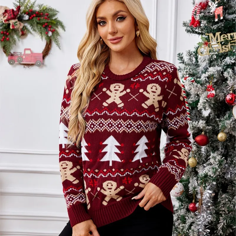 Gingerbread Man Knitted Christmas Sweater Wine Red Casual Long Sleeve Christmas Tree Striped Warm Autumn/Winter Sweater 2024 Nowość