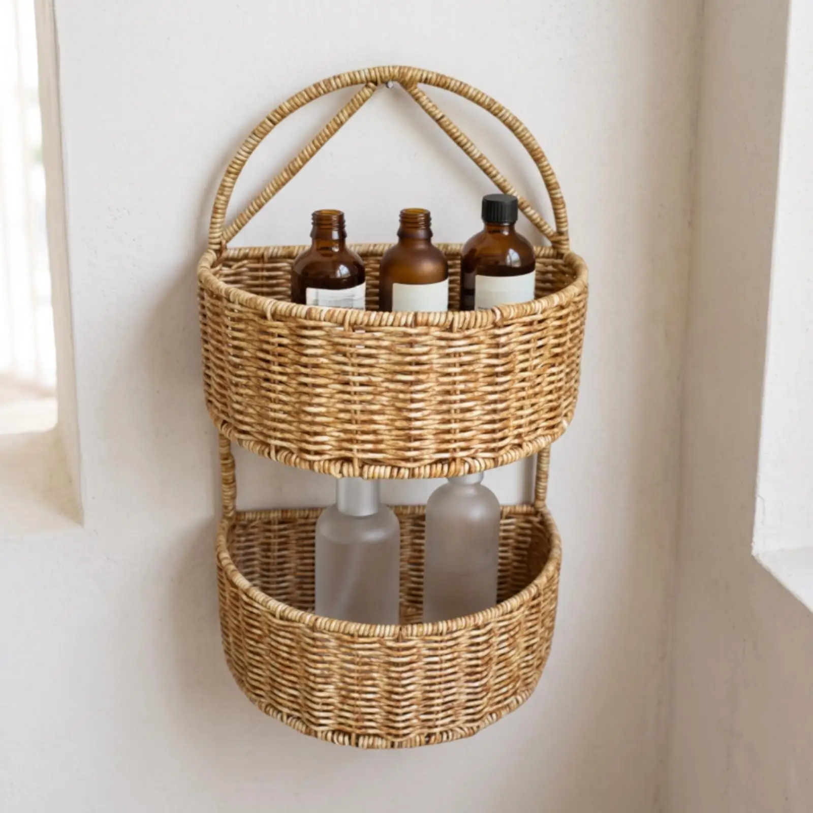 Wall Mounted Basket Rattan Look Hanging Organizer Basket Plastic Storage Basket for Kitchen Entryway