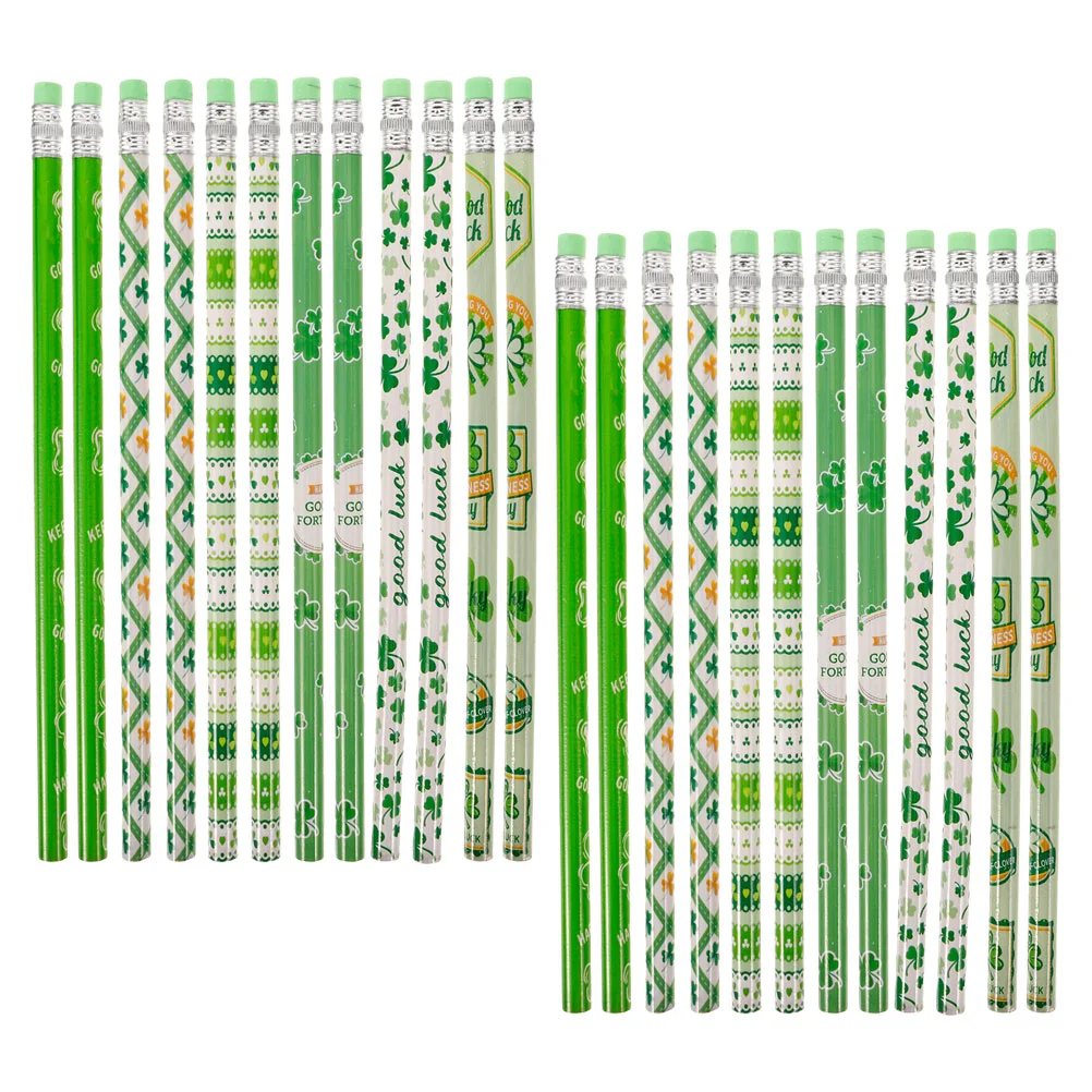 24 Pcs with Eraser Four Leaf Pencil Child Fun Pencils School Wooden St Patrick Day