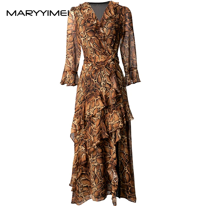 

MARYYIMEI New Clothes for Spring Summer 2025 Women's Dress V-Neck Flare Sleeved Leopard print Lace-Up Slim Asymmetrical Dresses