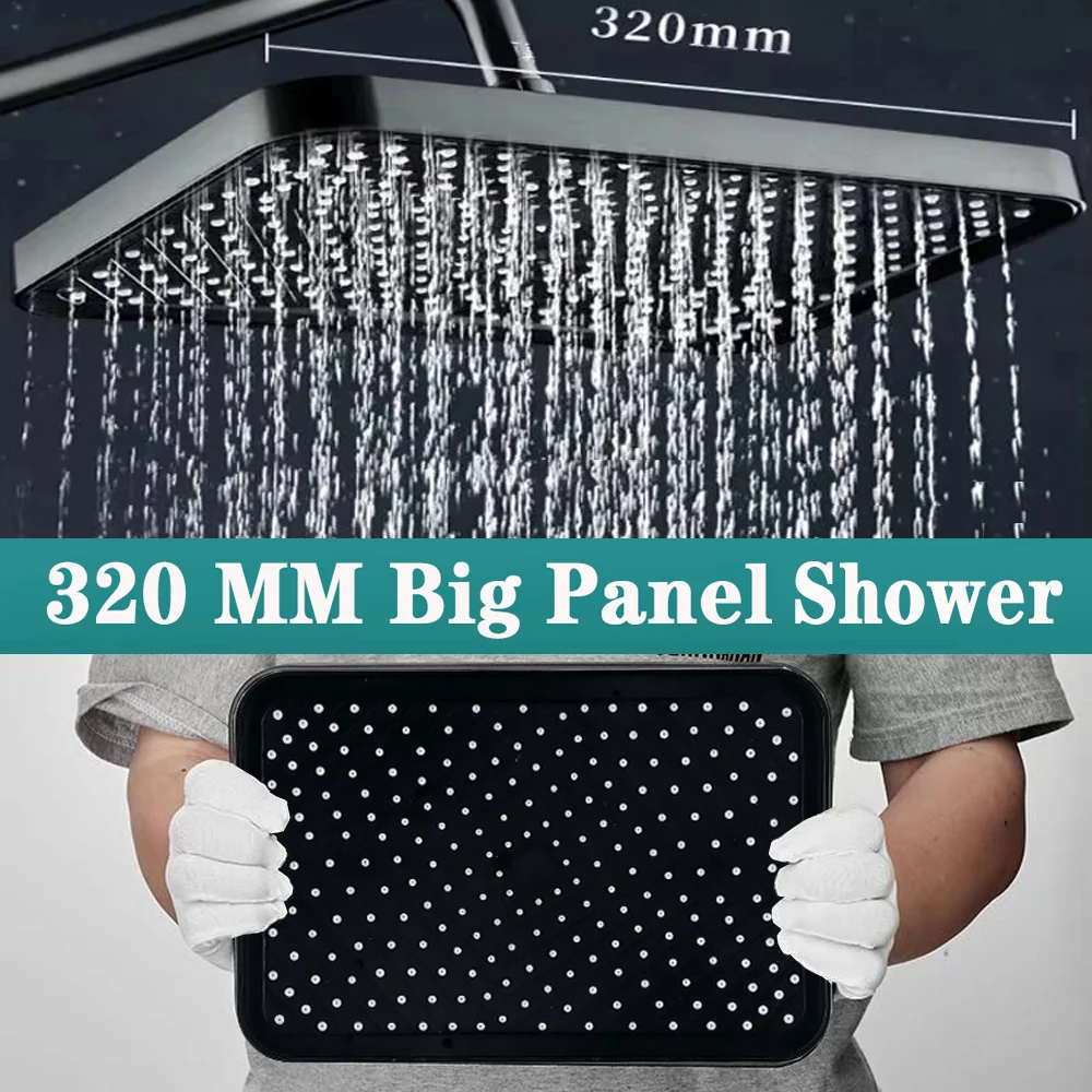 

12 Inches Big Panel Large Flow Ceiling Mounted Supercharge Shower Head Set 4 Modes High Pressure Abs Rainfall Bathroom Shower