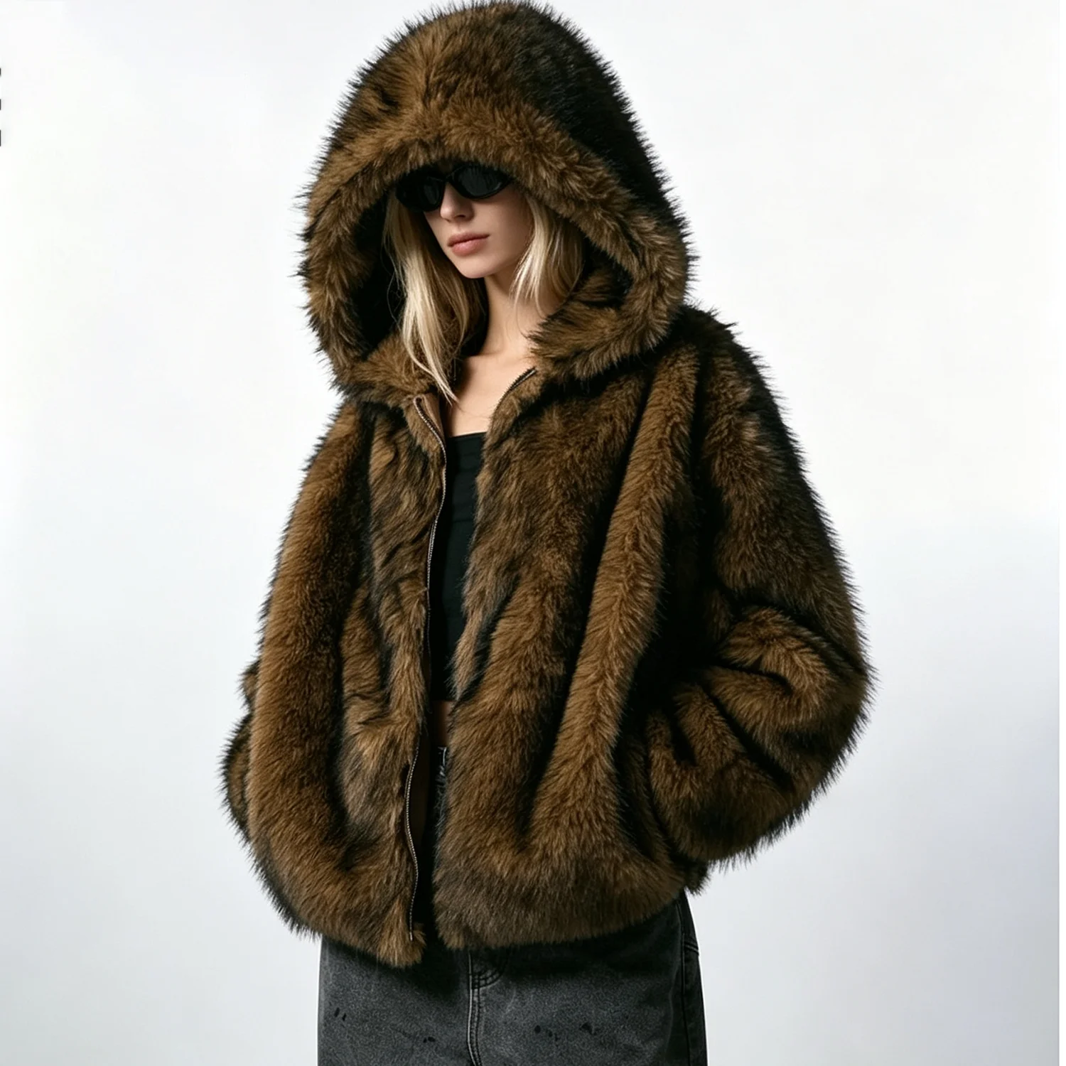 PUAL  Women Brown Gradient Faux Fur Short Jacket Open Front Loose Fluffy Winter Warm Outerwear Coat