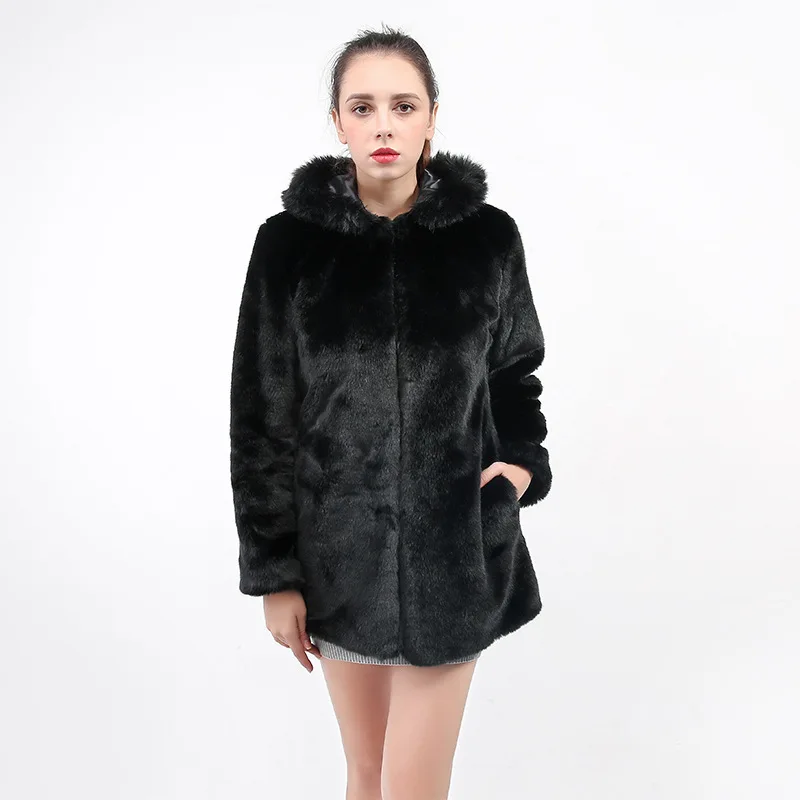 Faux Fur Mink Fur Coat Hooded เกาหลีสไตล์ขนสัตว์กลางความยาว