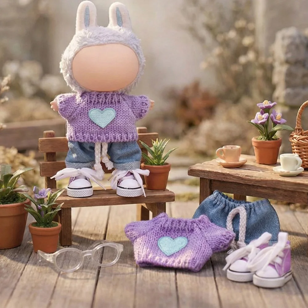 4Pcs/set=Sweater+Jeans+Canvas Shoes+Glasses,For Labubu 17CM Plush Doll Clothes Accessories Cute Daily Outfit,Girl Festival Gifts