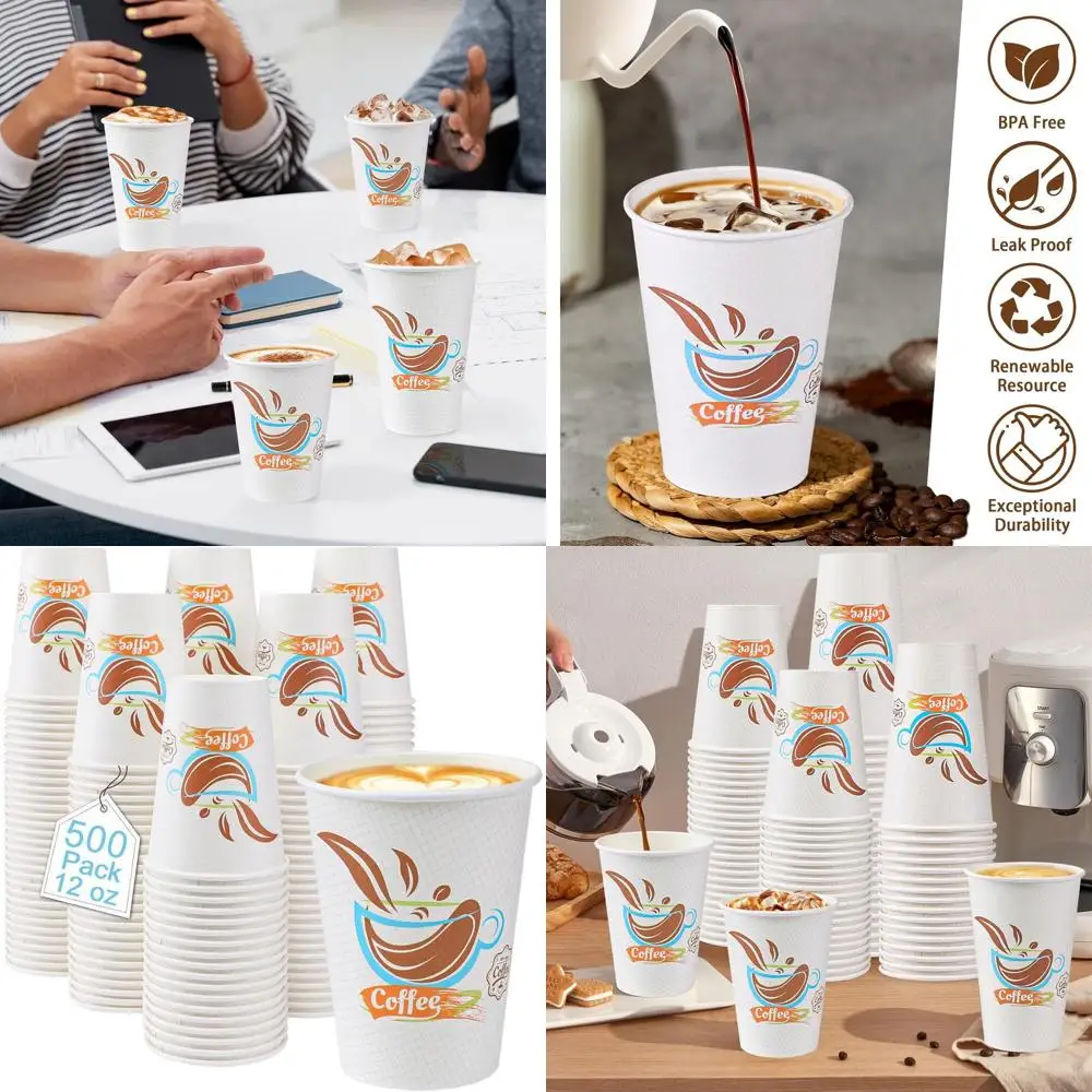 

12 oz 500 Pack Disposable Coffee Cups - Insulated Leakproof Cups for Hot & Cold Drinks, Ideal for Cafe, Office, Home