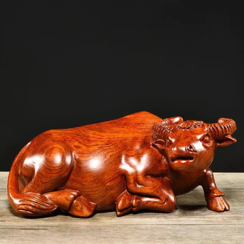 Carved Ebony Rosewood Chinese Zodiac Reclining Water Buffalo Statue Fengshui Lucky Wealth Figurine Home Office Decor Craft Gift