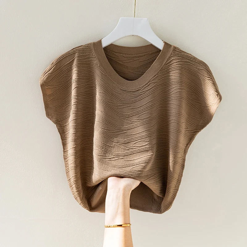 Cseta Hoada de Manga Corta de Seda Helada para Mujer, Estilo Nuevo de Verano, Cuello Redondo, Estilo Murciélago, Efecto ...