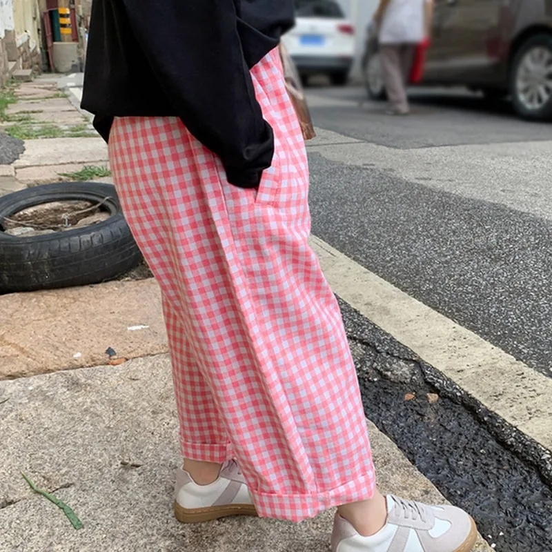 3-8T Spring Summer Baby Girls Soft Plaid Pants Toddler Sweet Long Pants Fashion Stylish Plaid Pants Elastic Waist Wide Leg Pants