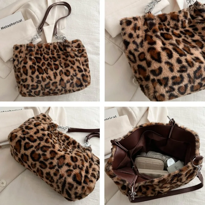 Leopard Fluffy Shoulder Bags Women Simple Handbags Elegant Office Lady All-match Tote Bag High Street Designed Large Capacity