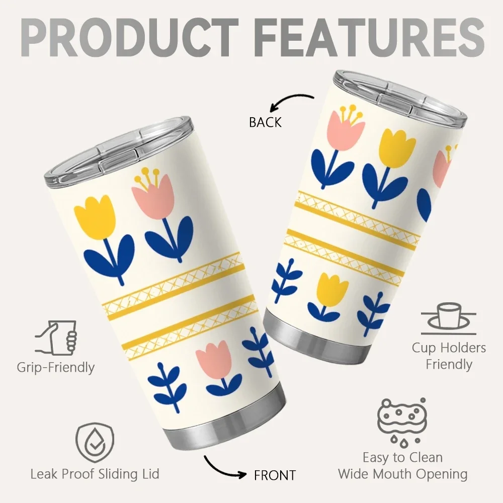 Geometric Floral Bloom Vacuum Flasks 20oz Coffee Tumbler Cup With 2 Lids And Straw, Stainless Steel Vacuum Insulated Travel Mug