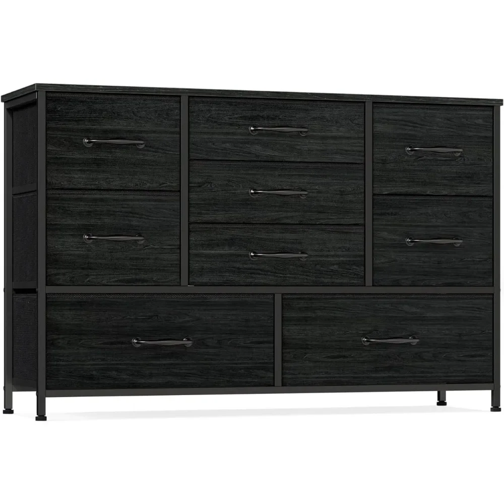 Wide 9 Large Drawers for 55'' Long TV Stand Entertainment Center,Wood Shelf StorageCloset,Entryway,Sturdy Metal Frame(Black Oak