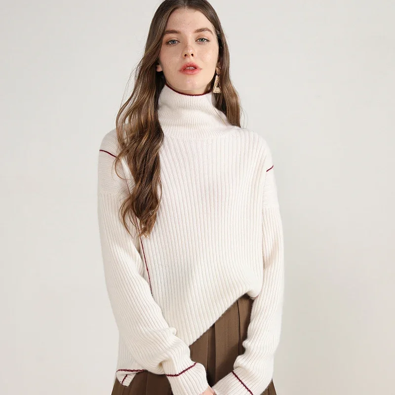 aliaga winter 100% cashmere turtleneck sweater woman korean fashion oversized ladies pullpver ribbed knit warm jumper