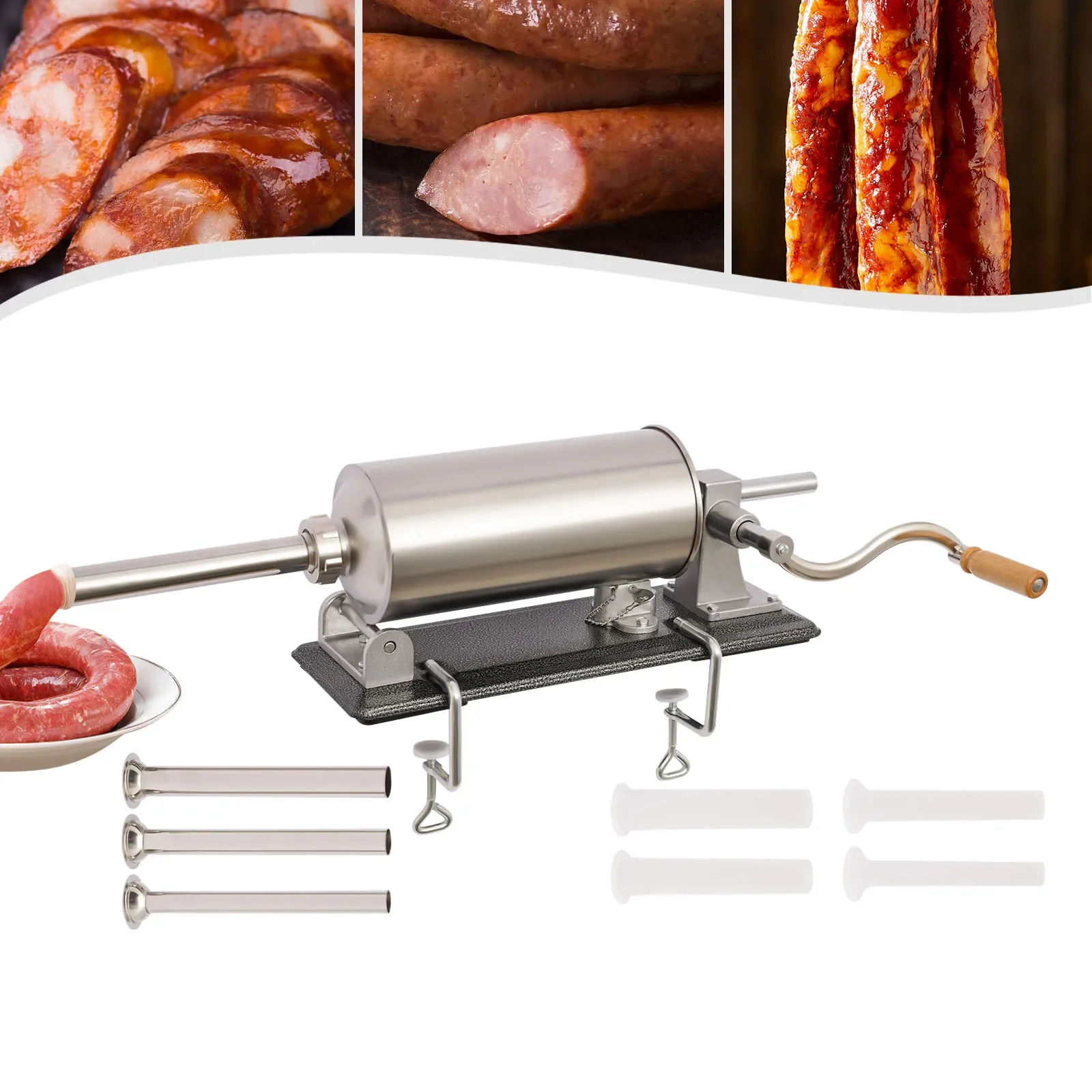 

4L Stainless Steel Sausage Stuffer with Multiple Tube Sizes, Easy to Use, Low Noise, , Includes 4 Stainless Steel & 4 Plastic
