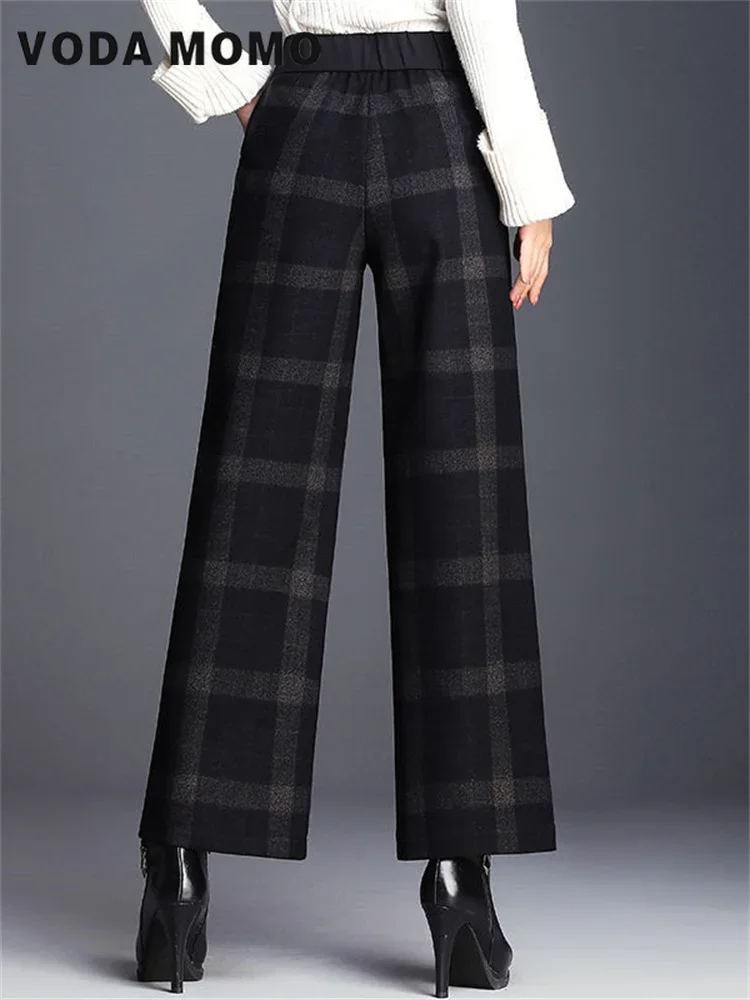 New Thick Warm Fashion Autumn Winter Trousers Elastic High Waist Female Casual Loose Pant Striped Women Wide Leg Pants Woolen