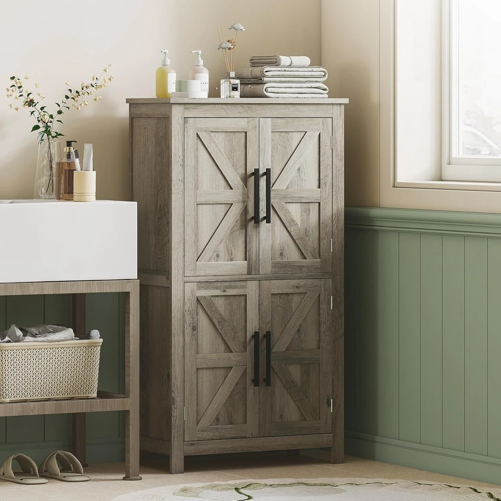 

Farmhouse Bathroom Storage Cabinet with 4 Barn Doors, Bathroom Floor Cabinet with 2 Adjustable Shelf, Freestanding, Customized