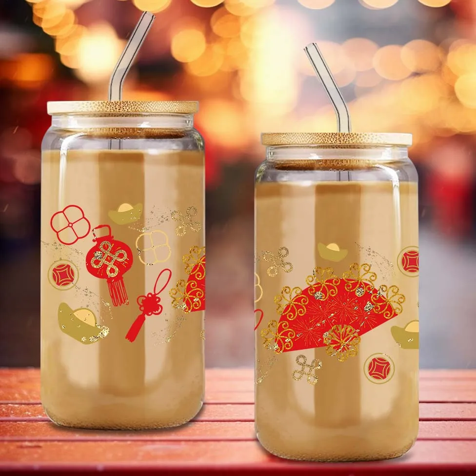 1Pc Festive Fan Pattern 3d Print 16oz Glass Can Soda Cup With Lid&Straw Iced Coffee Juice Cup Spring Festival New Year Gift