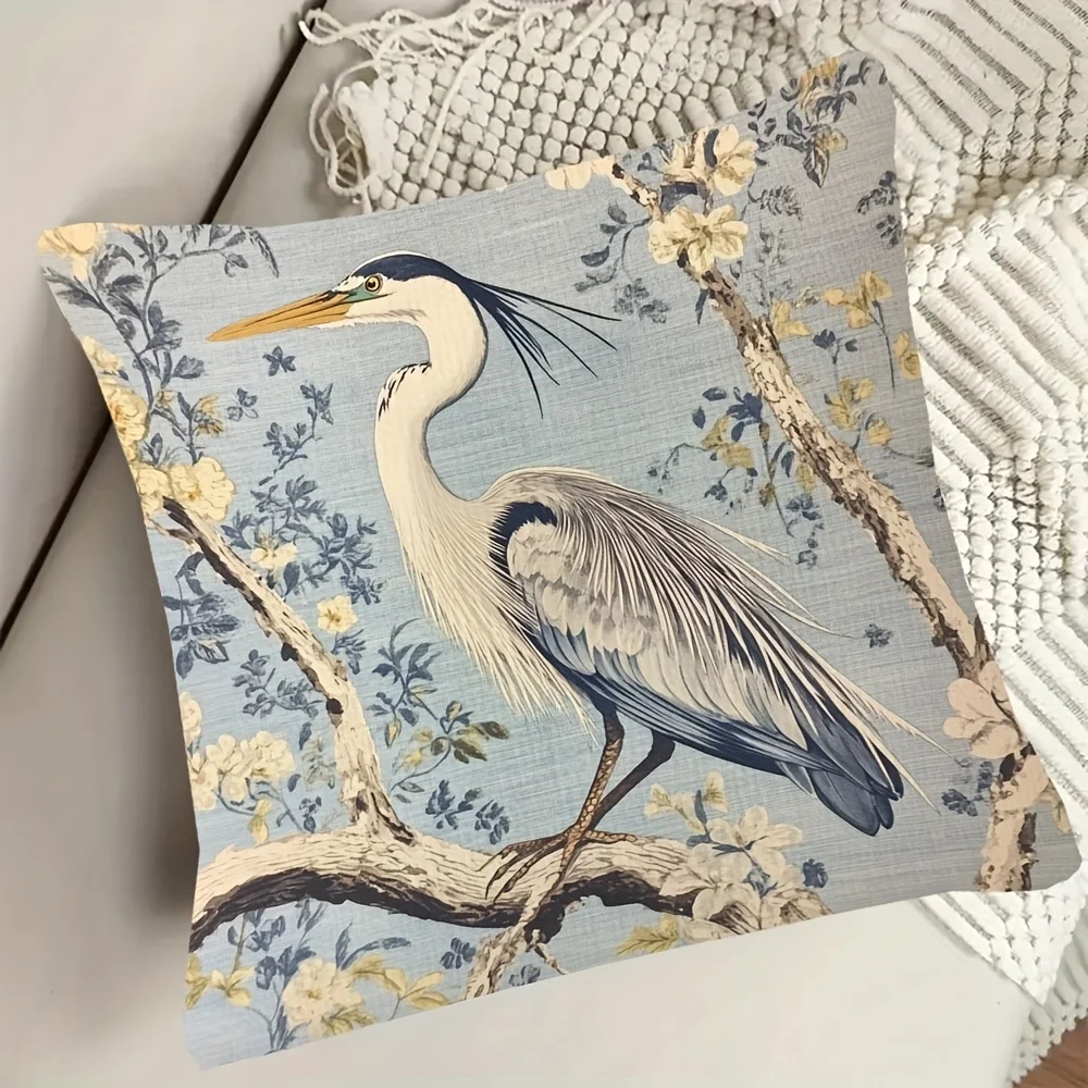 Elegant Heron Bird Floral Print Throw Pillow Cover for Sofa Couch Home Decor Accent Cushion