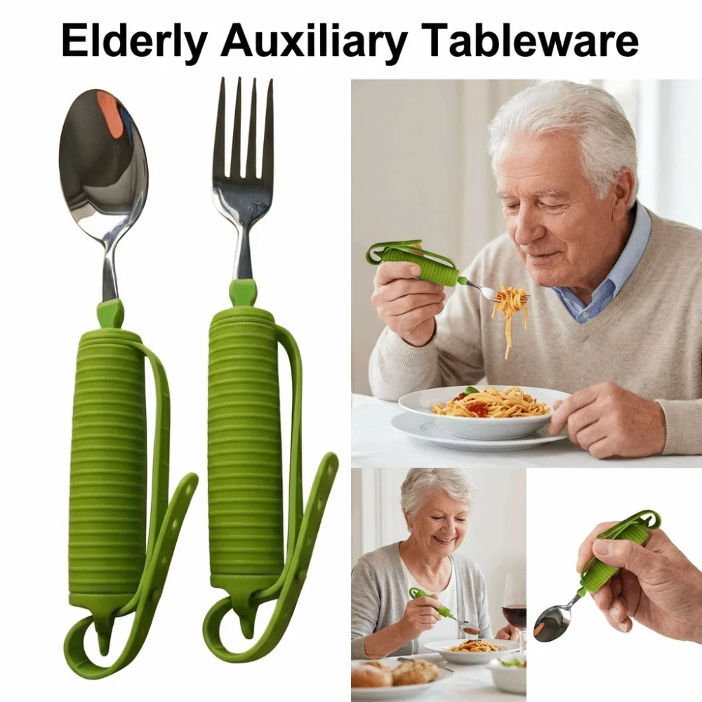 Anti-Shake Stainless Steel Fork and Spoon Portable Ergonomic Elderly Auxiliary Tableware Silicone Handle Easy To Use