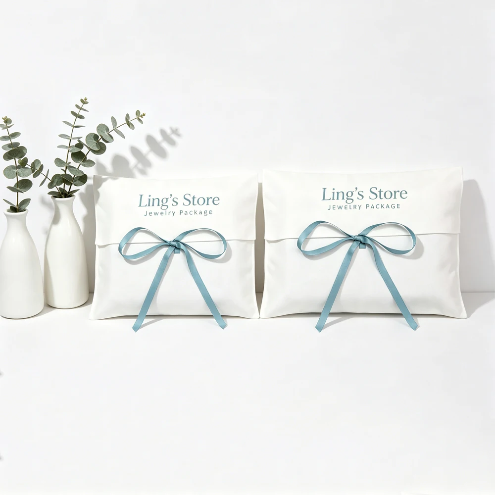 50 Stück Baumwoll-Schmuckbeutel mit individuellem Logo, weiße, dicke Geschenkverpackung, Musselin-Beutel für Haarringe, Kosmetik, Schals und Organizer – Detail 3