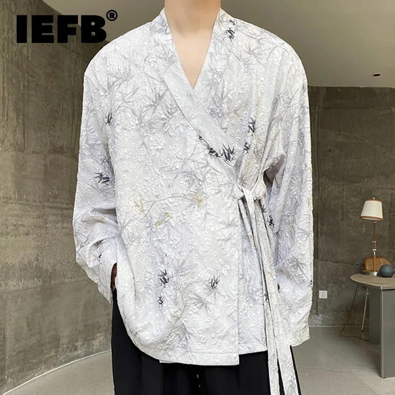 

IEFB Lace-up Men's Shirt Vintage Pleated Jacquard Contrast Color Baggy Male Shirts New Chinese Style 2024 Autumn Stylish 9C4577