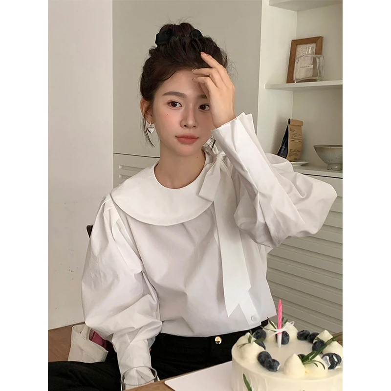 MEXZT Elegant White Shirts Women Vintage Bow Bandage Blouses Spring Office Lady Korean Long Sleeve All Match Chic Designer Tops